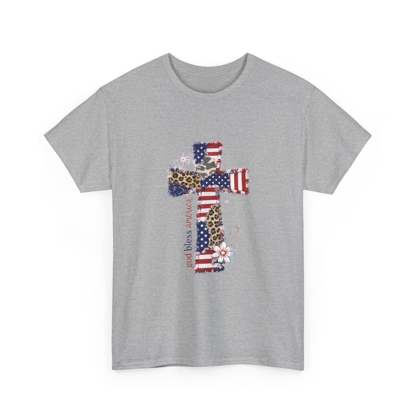 Patriotic Cross T-Shirt — American Flag & Leopard Print Cross with "God Bless America"
