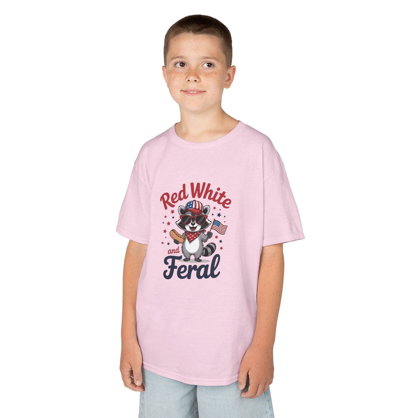 Kids Tee — “Red White and Feral” Patriotic Raccoon Graphic