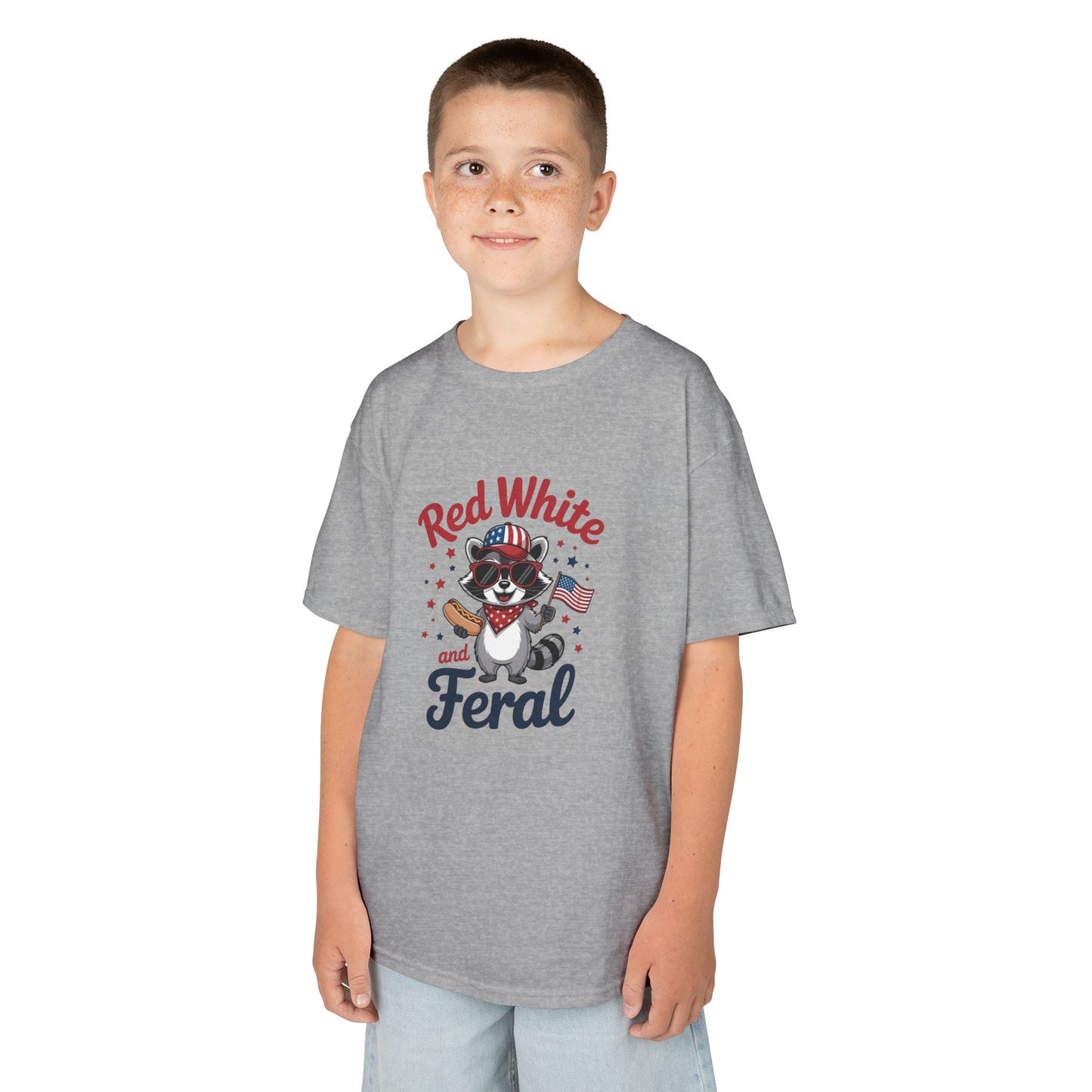 Kids Tee — “Red White and Feral” Patriotic Raccoon Graphic