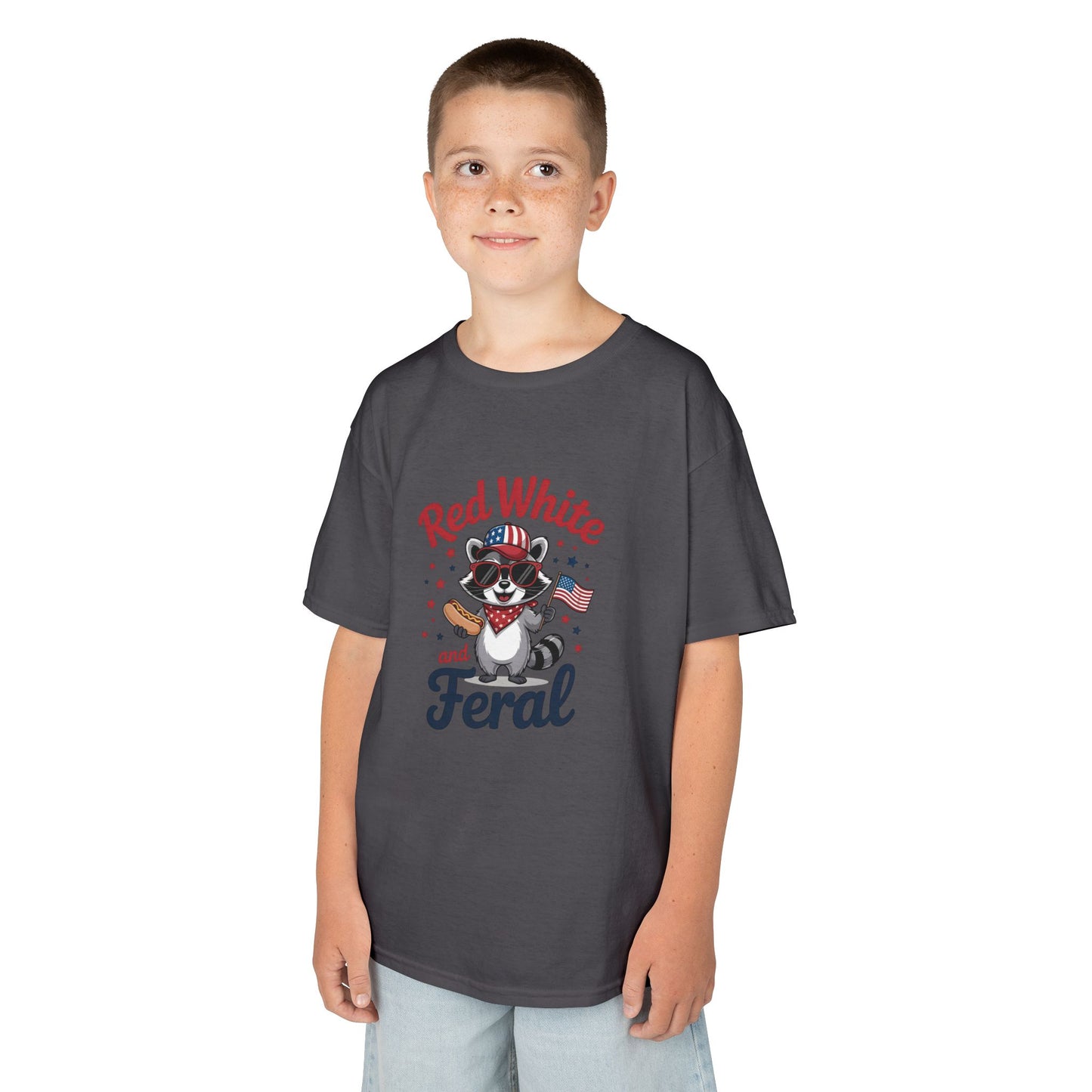 Kids Tee — “Red White and Feral” Patriotic Raccoon Graphic