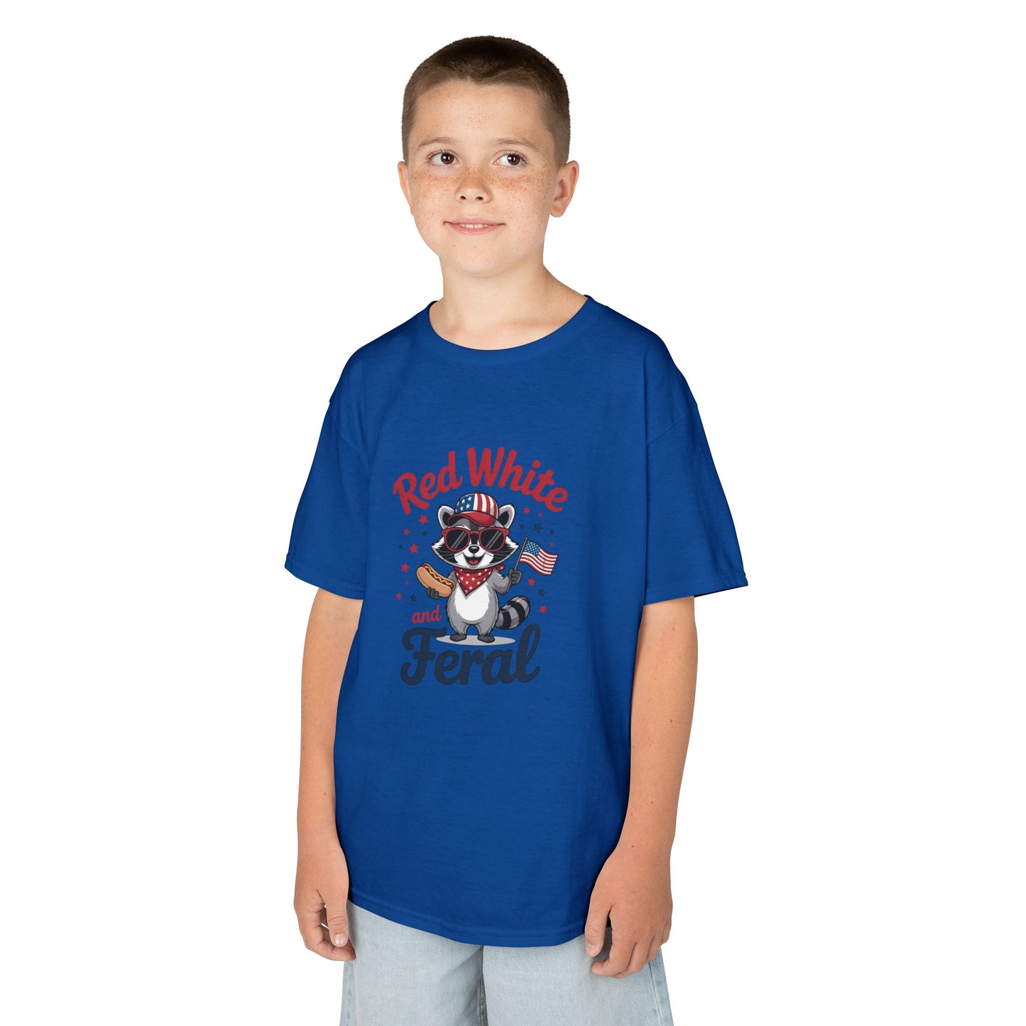 Kids Tee — “Red White and Feral” Patriotic Raccoon Graphic