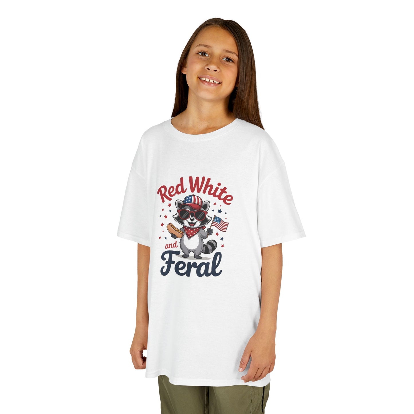 Kids Tee — “Red White and Feral” Patriotic Raccoon Graphic