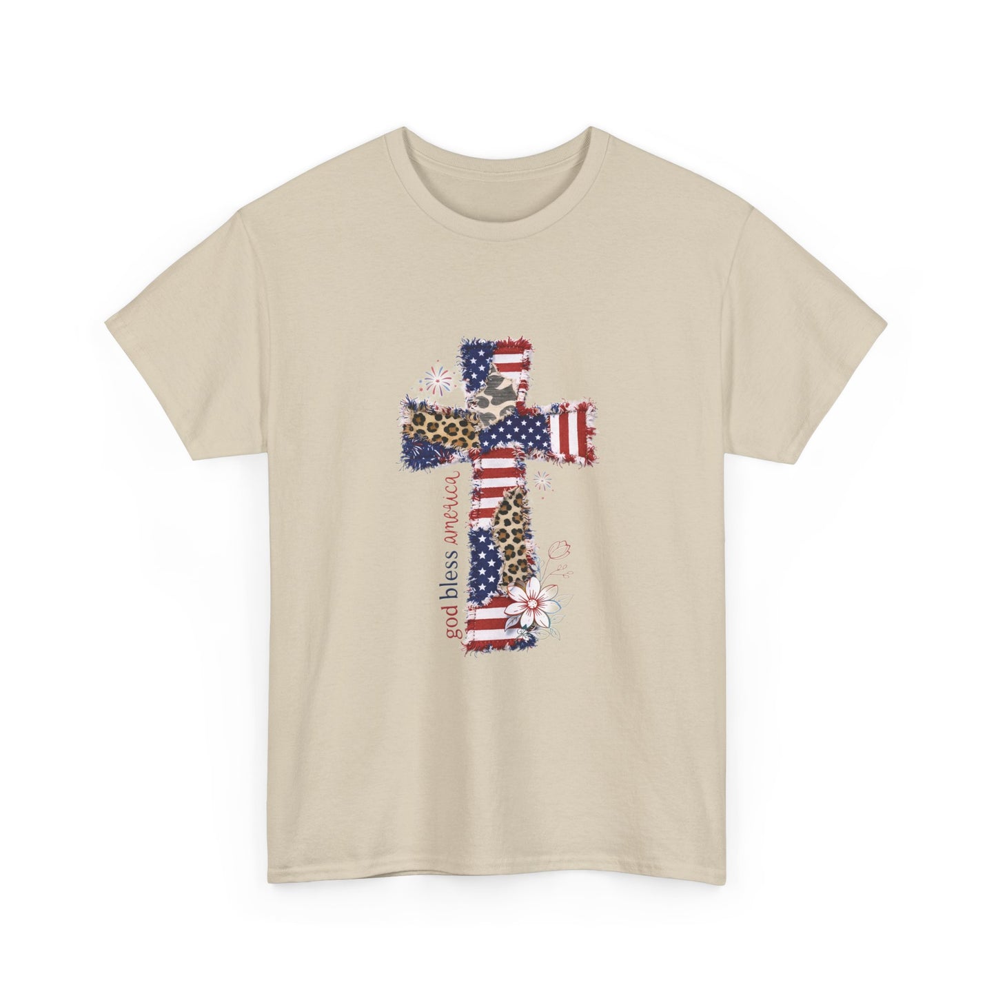 Patriotic Cross T-Shirt — American Flag & Leopard Print Cross with "God Bless America"