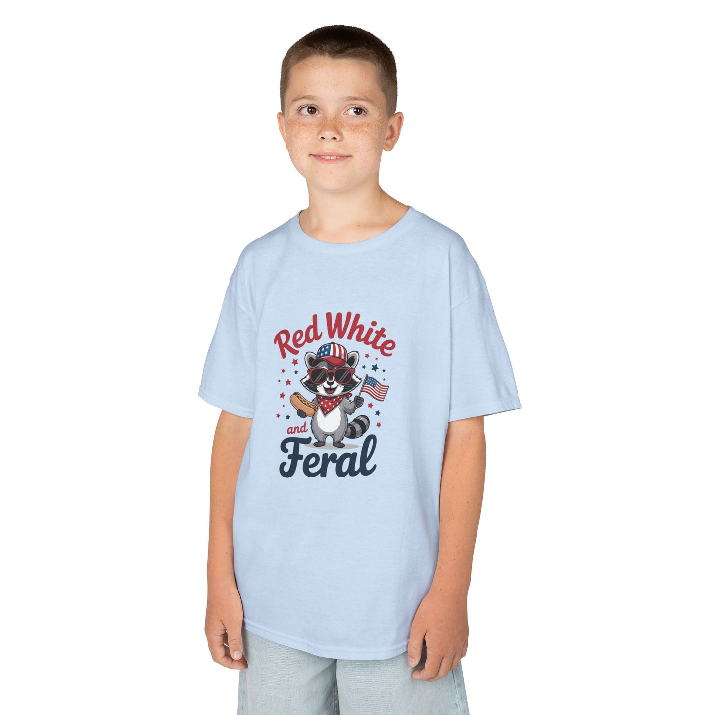 Kids Tee — “Red White and Feral” Patriotic Raccoon Graphic