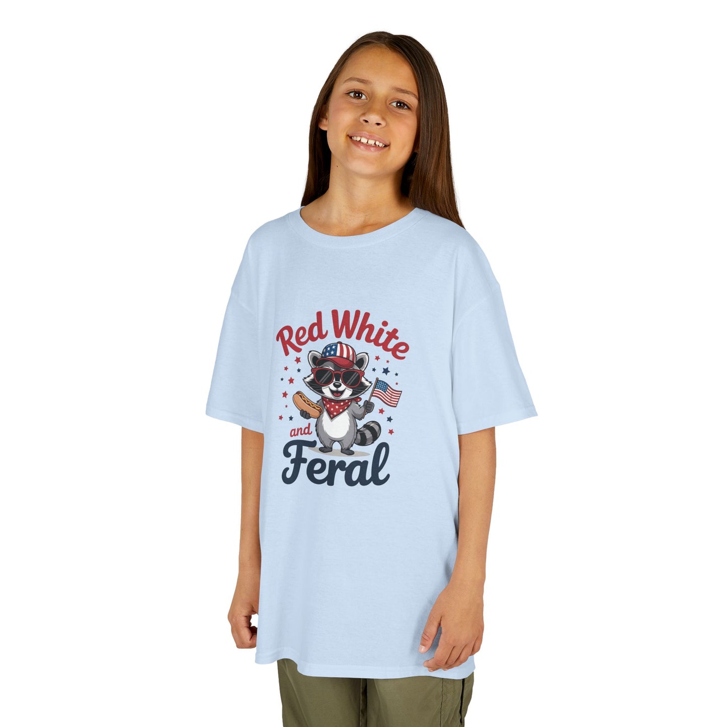 Kids Tee — “Red White and Feral” Patriotic Raccoon Graphic