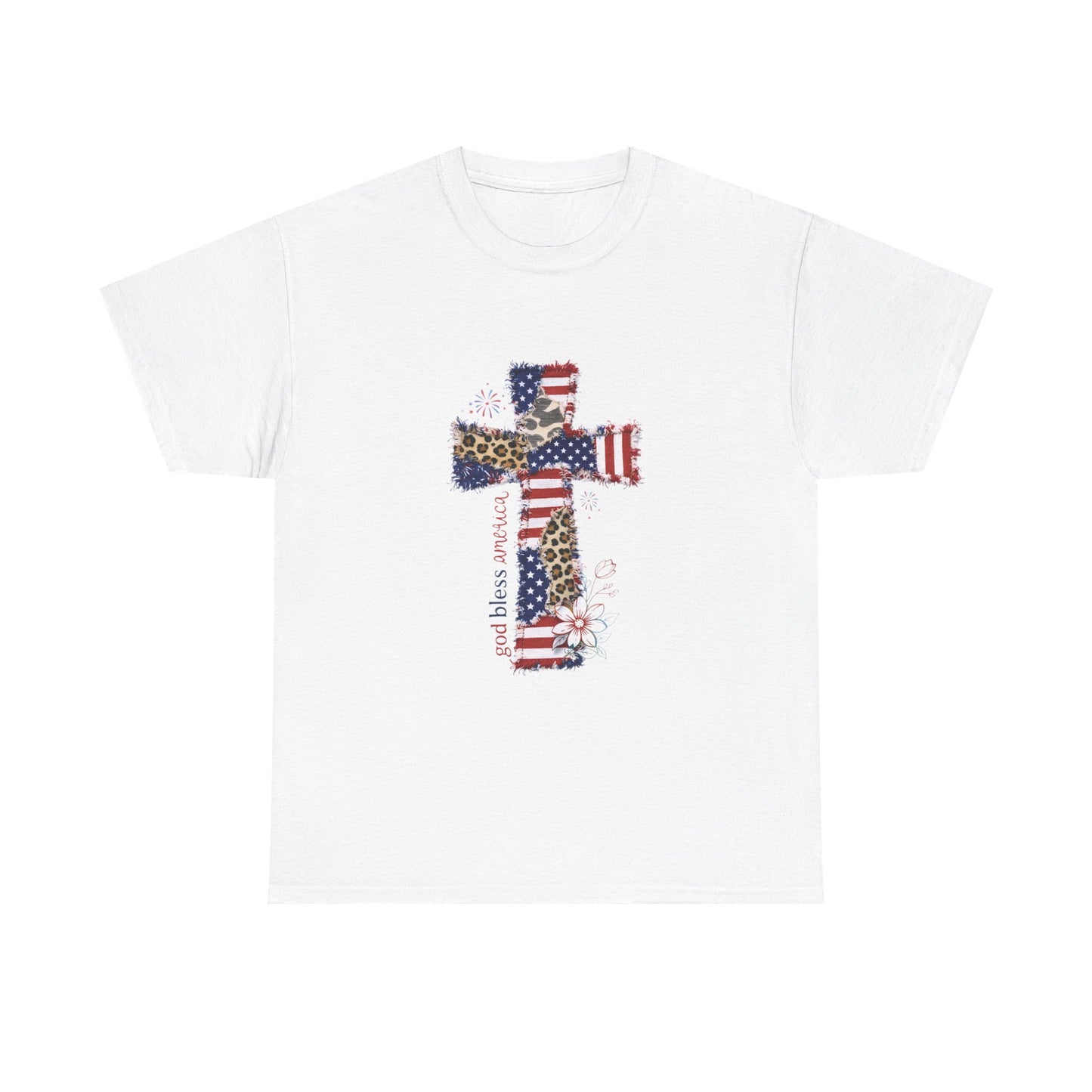 Patriotic Cross T-Shirt — American Flag & Leopard Print Cross with "God Bless America"
