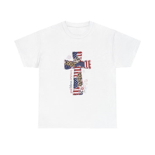 Patriotic Cross T-Shirt — American Flag & Leopard Print Cross with "God Bless America"