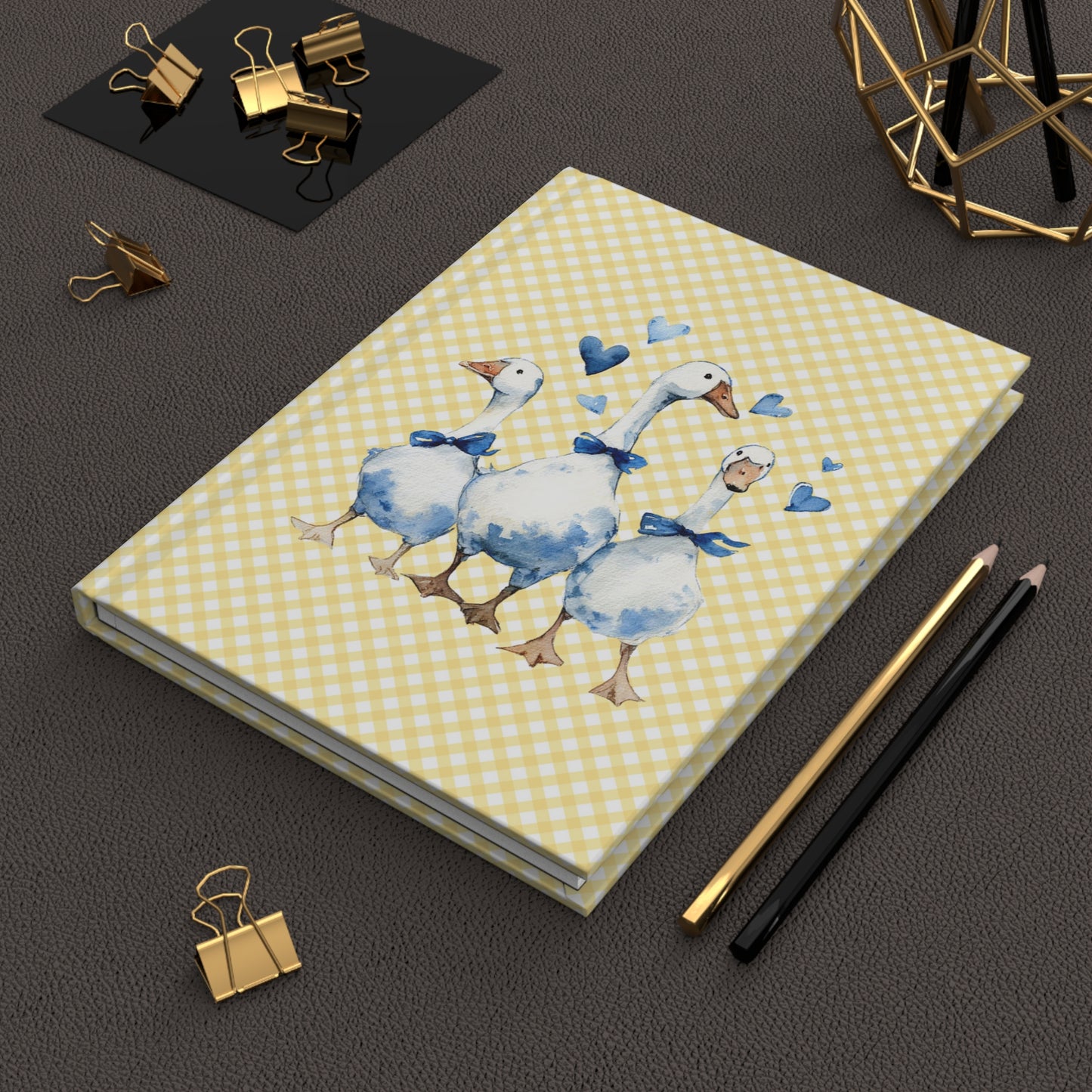 Gingham Geese Hardcover Journal — Cute Watercolor Goose Family Notebook