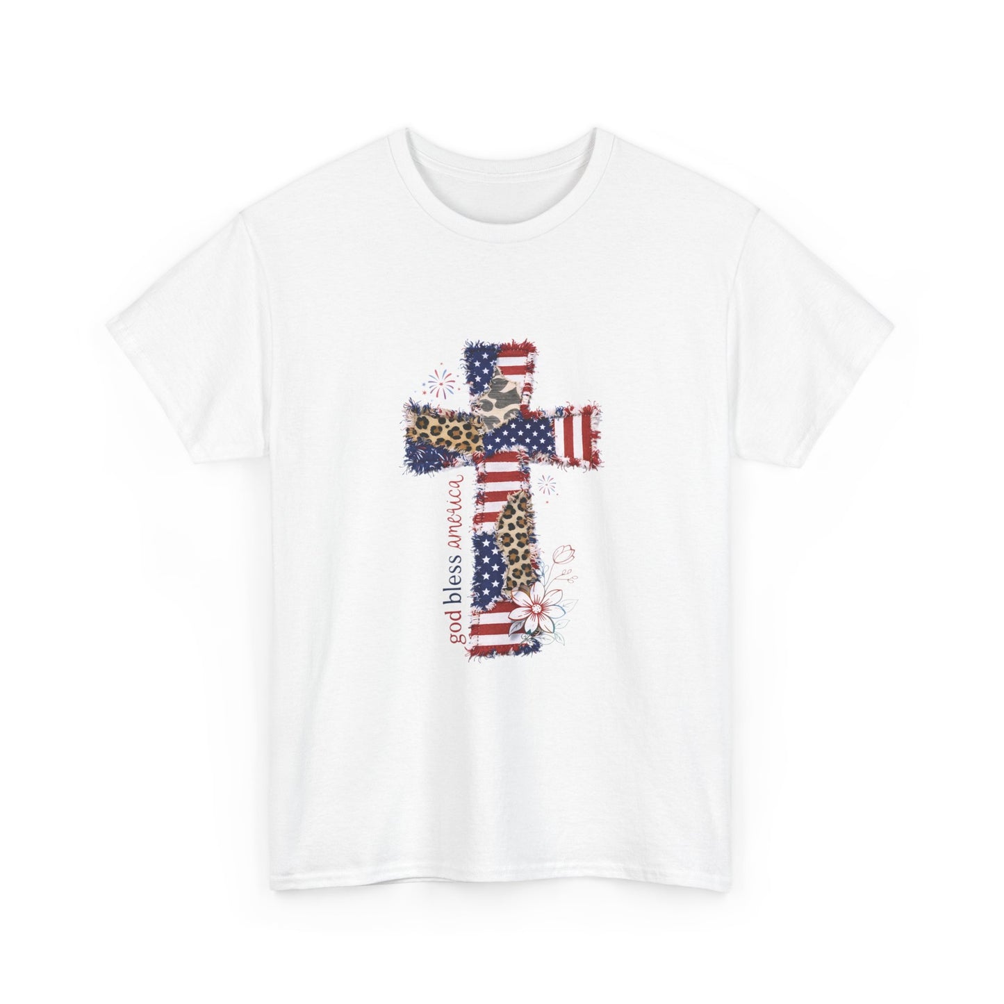 Patriotic Cross T-Shirt — American Flag & Leopard Print Cross with "God Bless America"