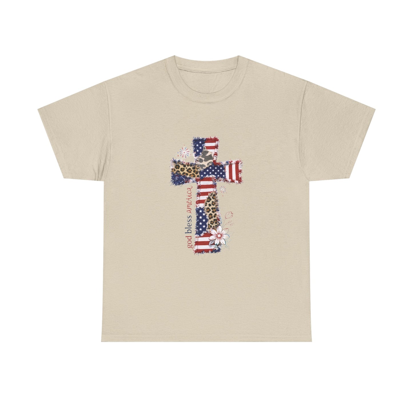 Patriotic Cross T-Shirt — American Flag & Leopard Print Cross with "God Bless America"