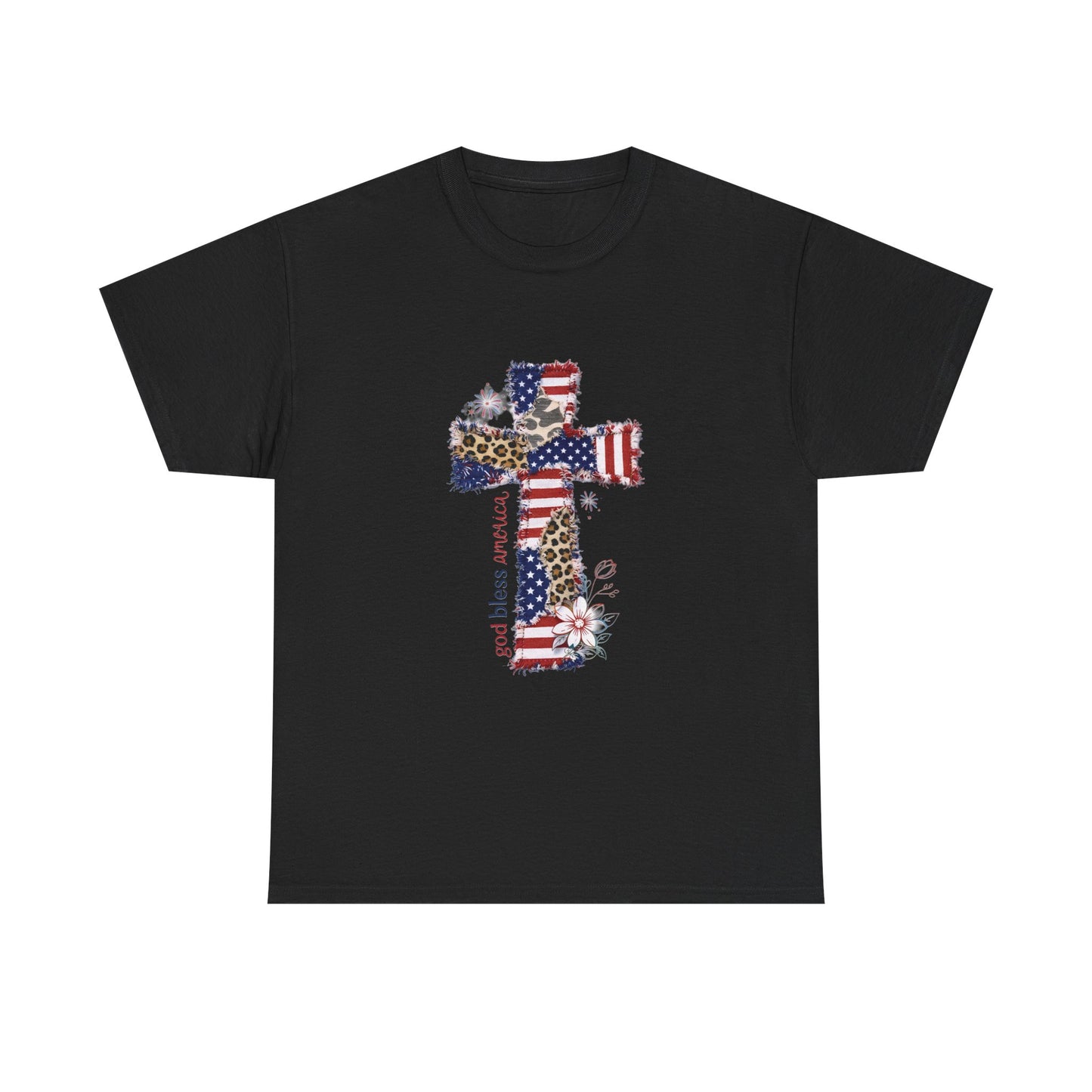 Patriotic Cross T-Shirt — American Flag & Leopard Print Cross with "God Bless America"