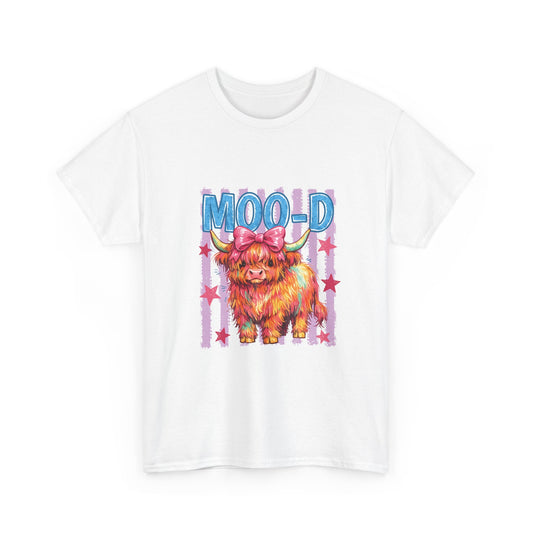 Graphic Tee — Colorful Highland Cow “Moo’d” Cute Farm Animal Shirt