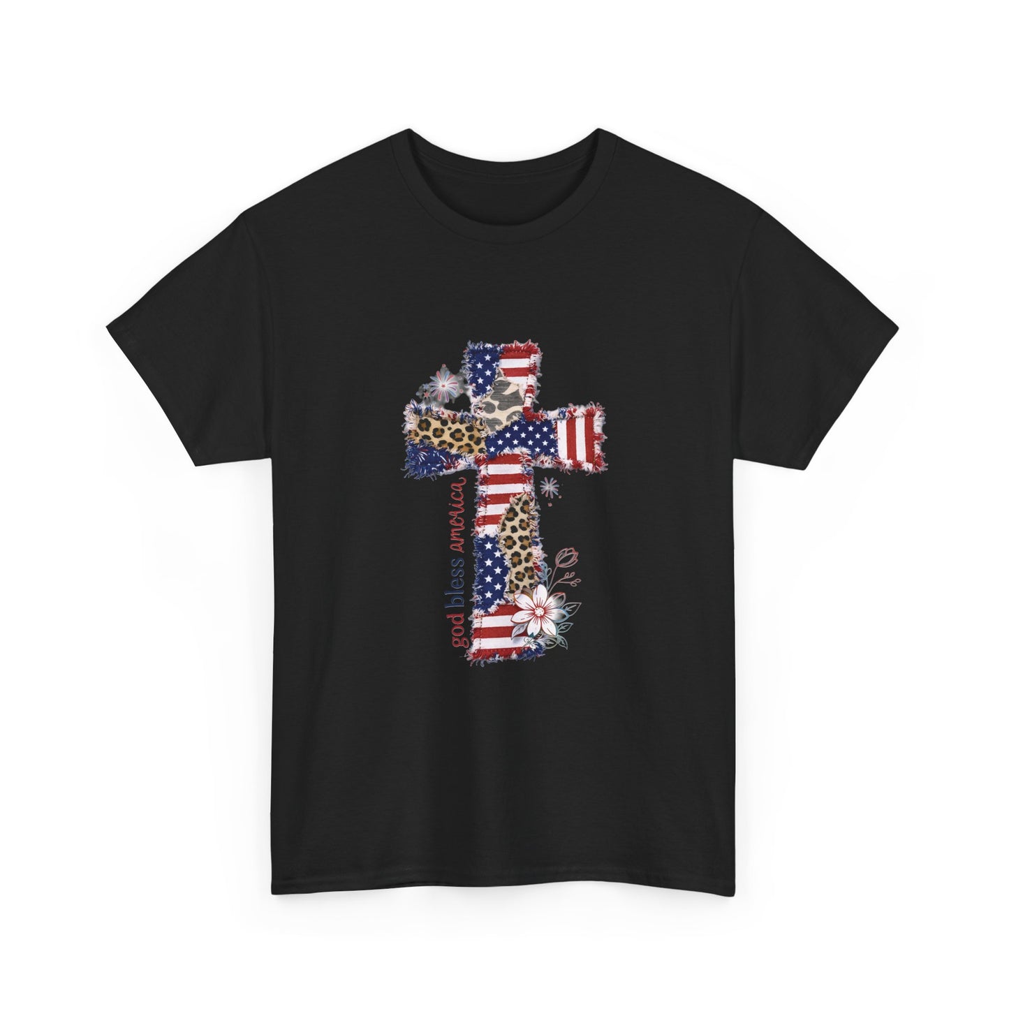 Patriotic Cross T-Shirt — American Flag & Leopard Print Cross with "God Bless America"