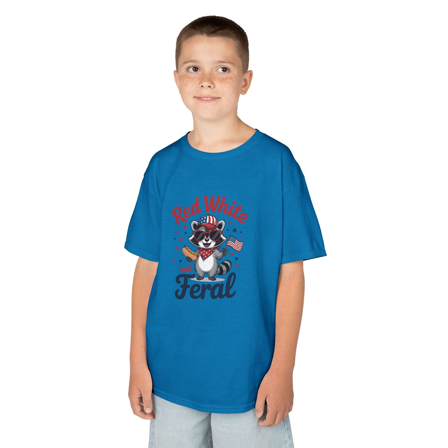 Kids Tee — “Red White and Feral” Patriotic Raccoon Graphic