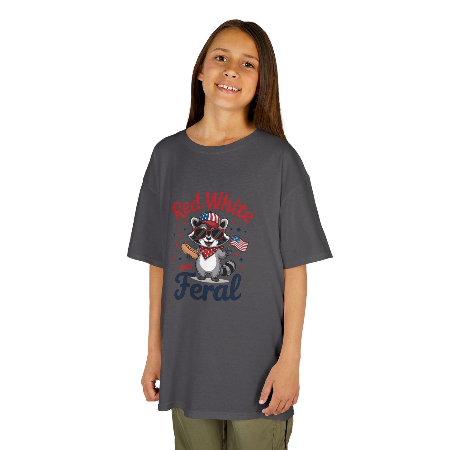 Kids Tee — “Red White and Feral” Patriotic Raccoon Graphic