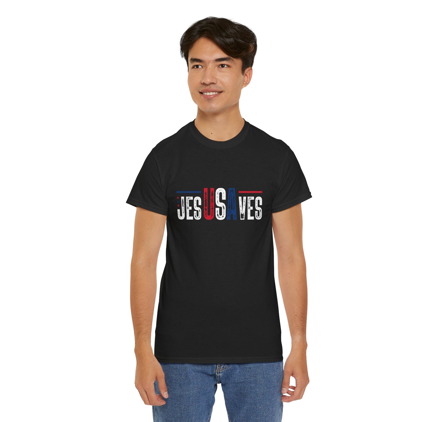 Jesus Saves T-Shirt — Patriotic Red White Blue Christian Tee