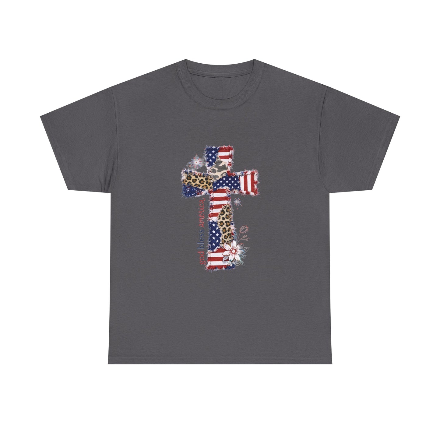 Patriotic Cross T-Shirt — American Flag & Leopard Print Cross with "God Bless America"