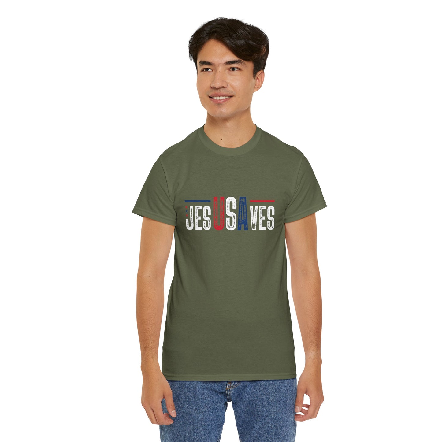Jesus Saves T-Shirt — Patriotic Red White Blue Christian Tee