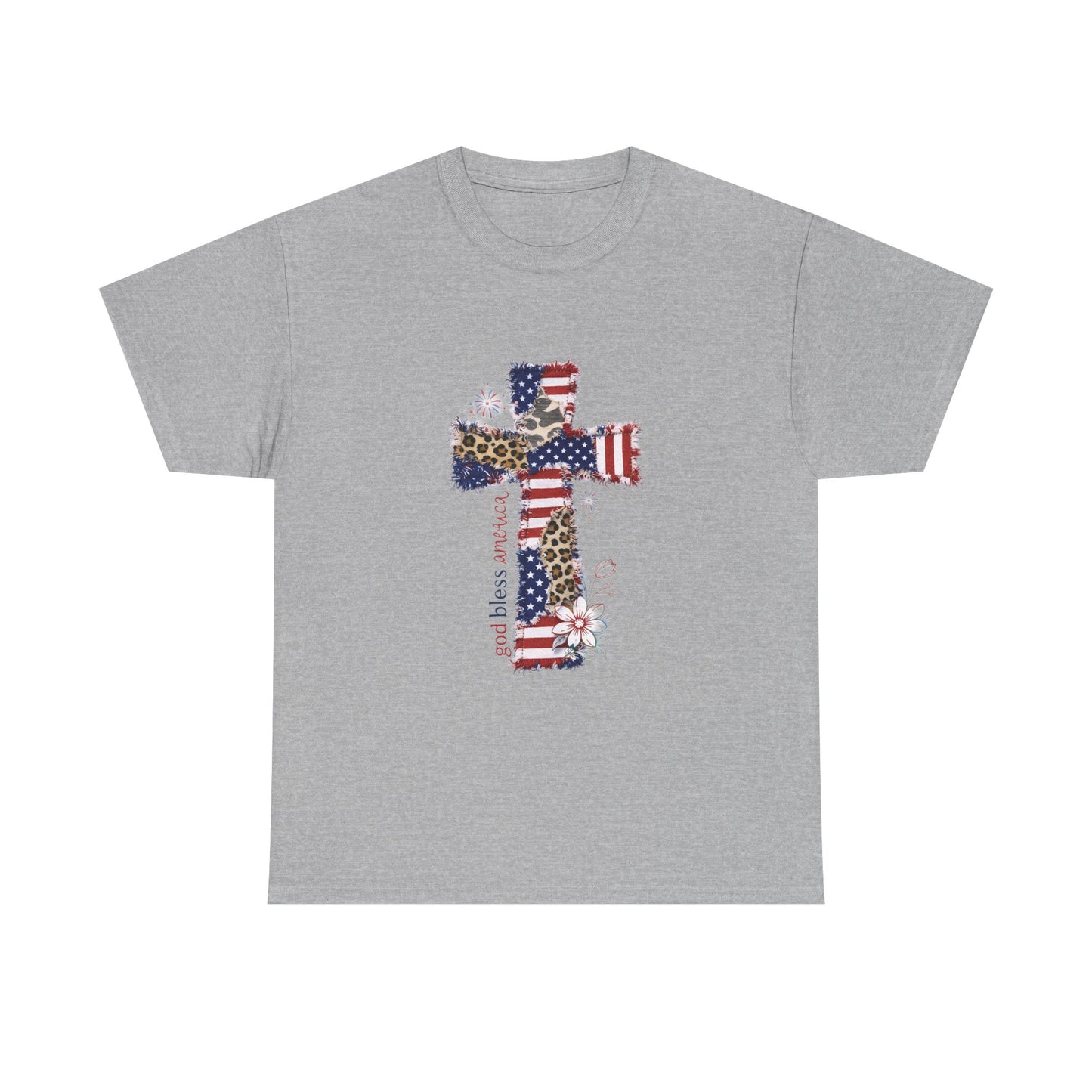 Patriotic Cross T-Shirt — American Flag & Leopard Print Cross with "God Bless America"