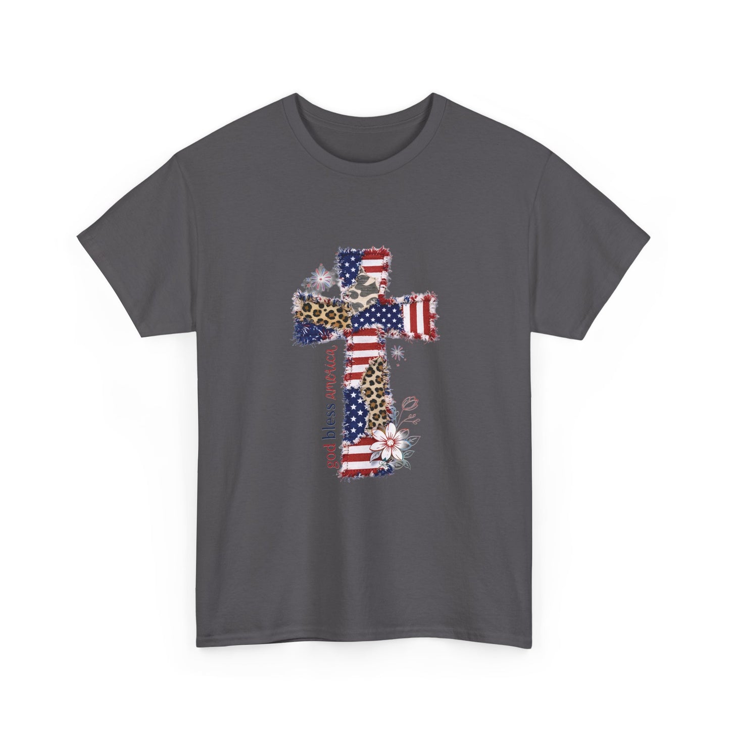 Patriotic Cross T-Shirt — American Flag & Leopard Print Cross with "God Bless America"
