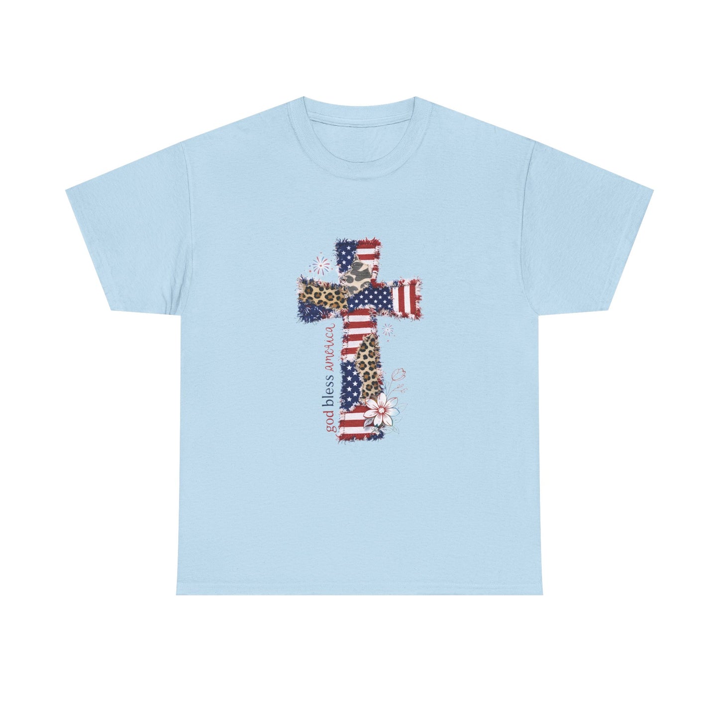 Patriotic Cross T-Shirt — American Flag & Leopard Print Cross with "God Bless America"
