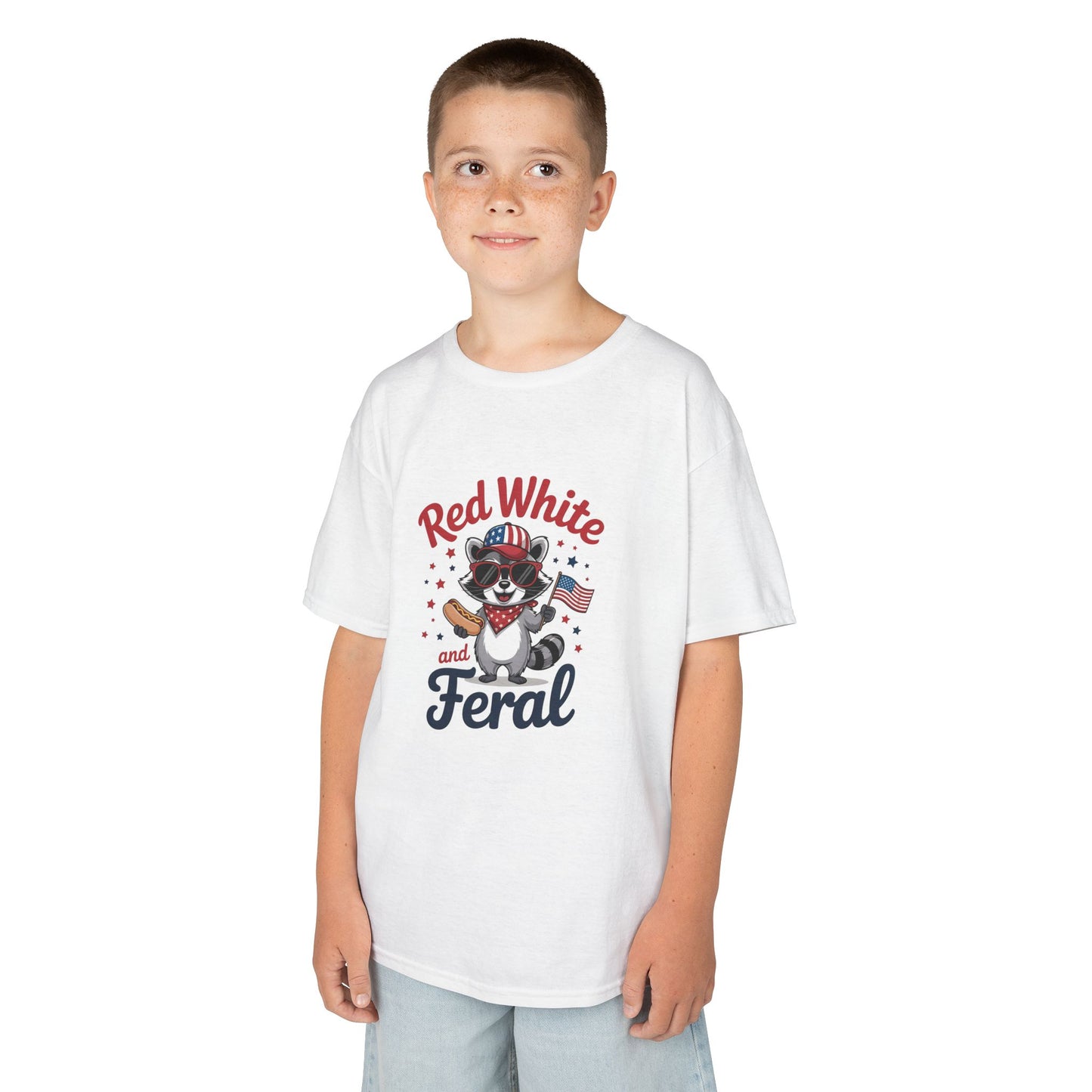 Kids Tee — “Red White and Feral” Patriotic Raccoon Graphic