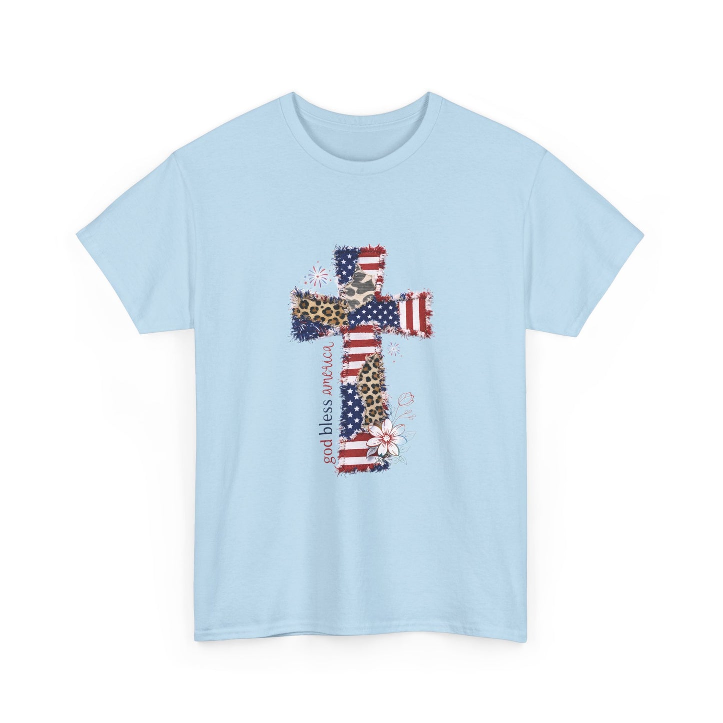 Patriotic Cross T-Shirt — American Flag & Leopard Print Cross with "God Bless America"